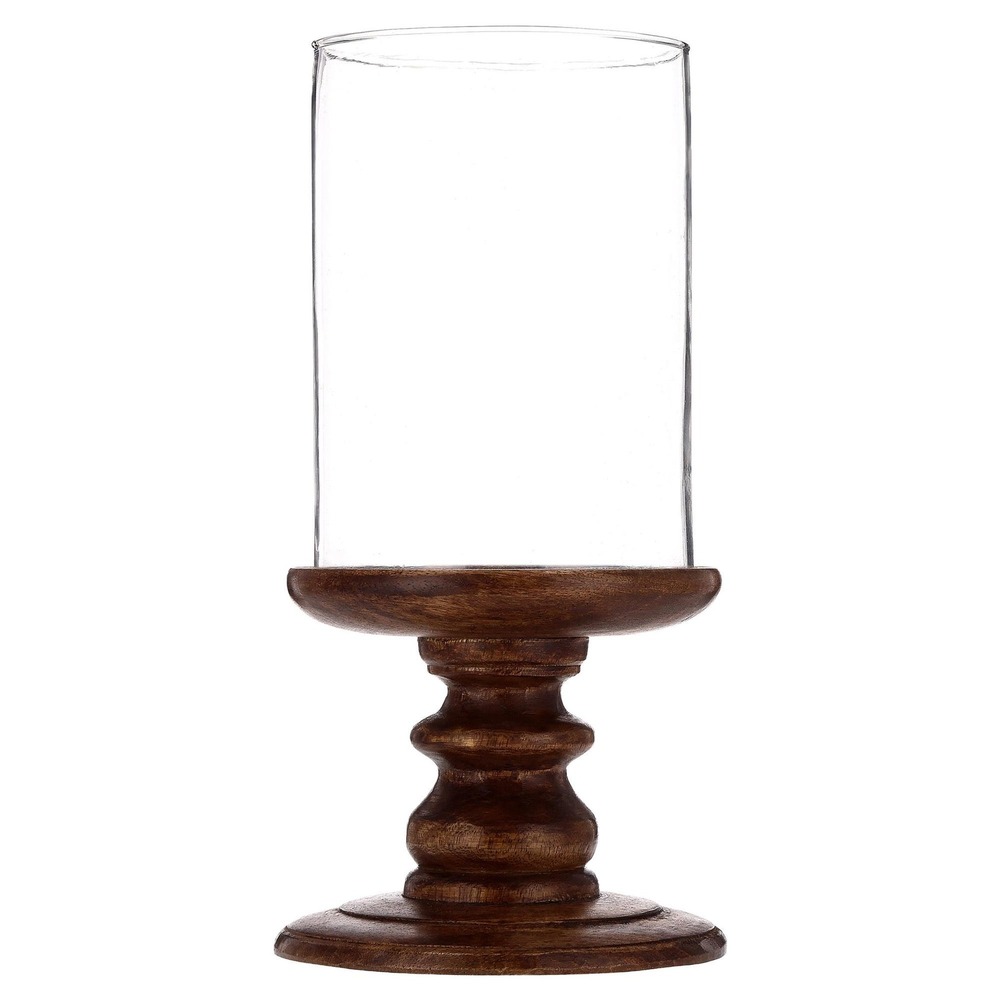 My Texas House Fall Large Wood and Glass Hurricane Candle Holder, Brown, 12in